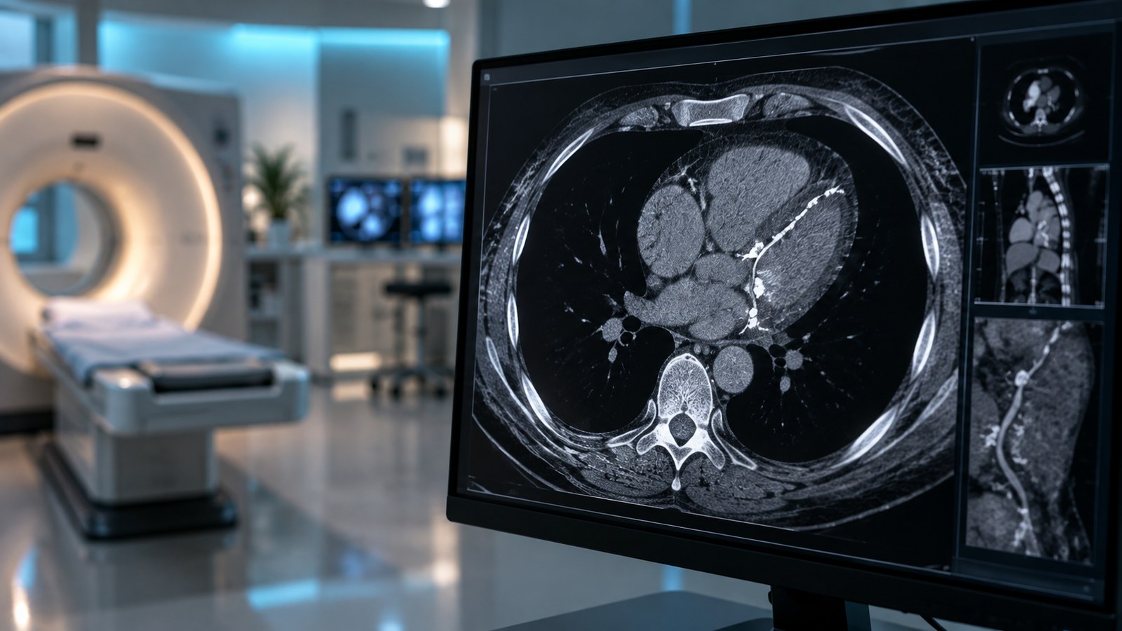 Imagen de tomografía cardíaca en pantalla médica moderna.