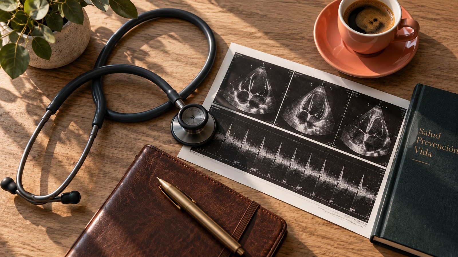 Escritorio con ecocardiograma y notas médicas.