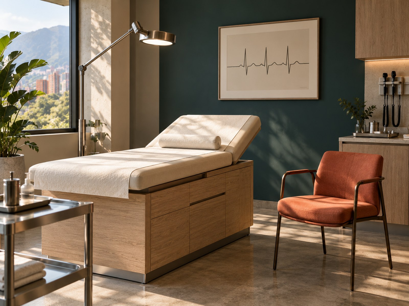 Sala de consulta cardiológica minimalista con luz natural.