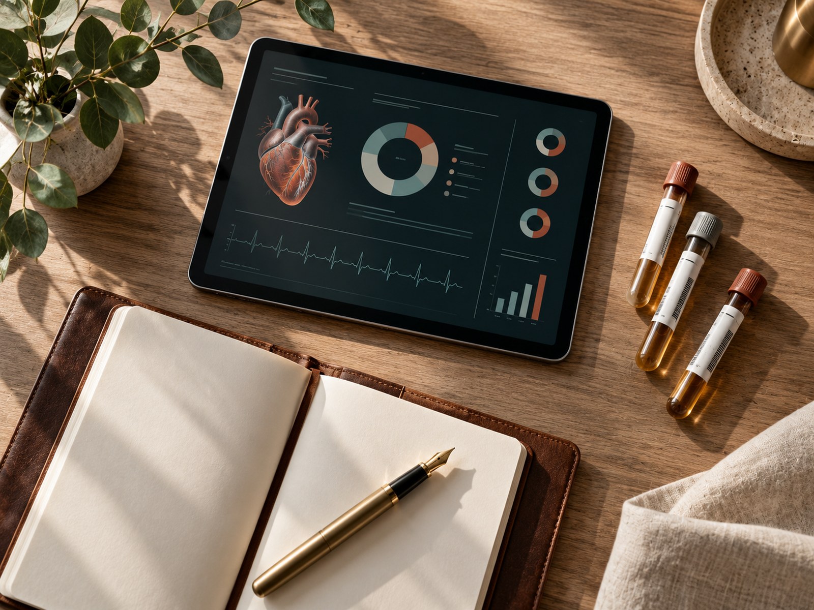 Monitor de electrocardiograma y estetoscopio en escritorio de consulta cardiológica moderna.